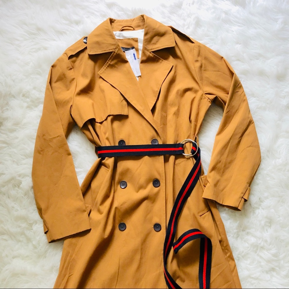 Madison Tan Navy Red Trench With Belt Coat Sz M - Picture 6 of 16
